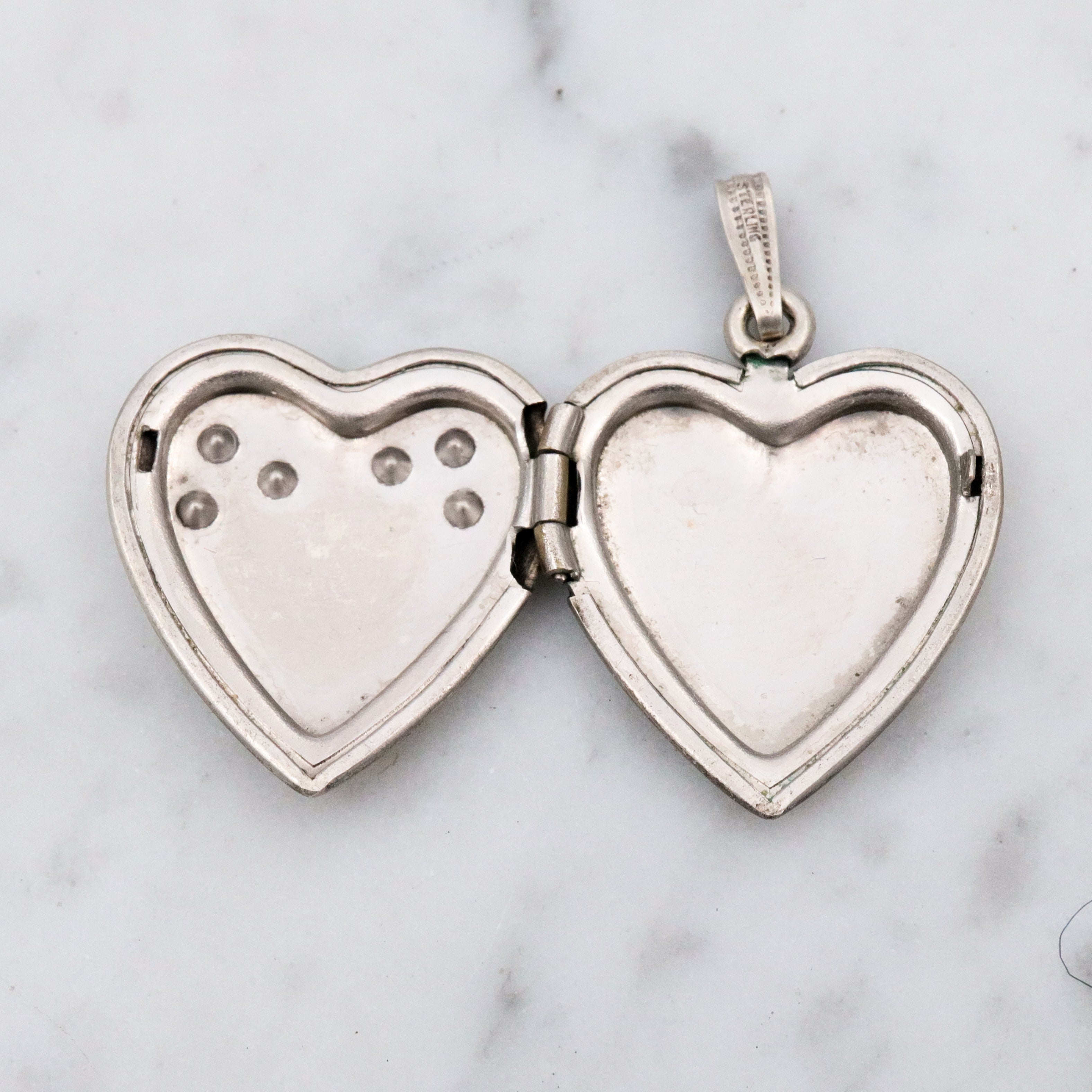 Antique sterling heart locket w/aqua paste gems